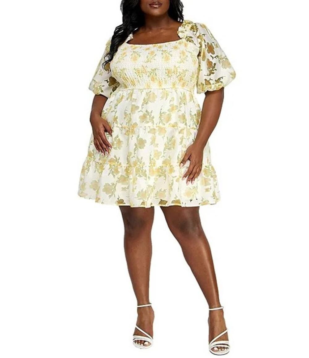 Layered With Love Square Neck 3/4 Sleeve Smocked Tiered Floral Dress Size 1X